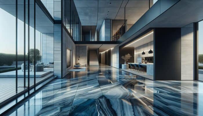 Elegant Belgian Blue limestone flooring in a modern home in East Renfrewshire, highlighting polished and honed textures.