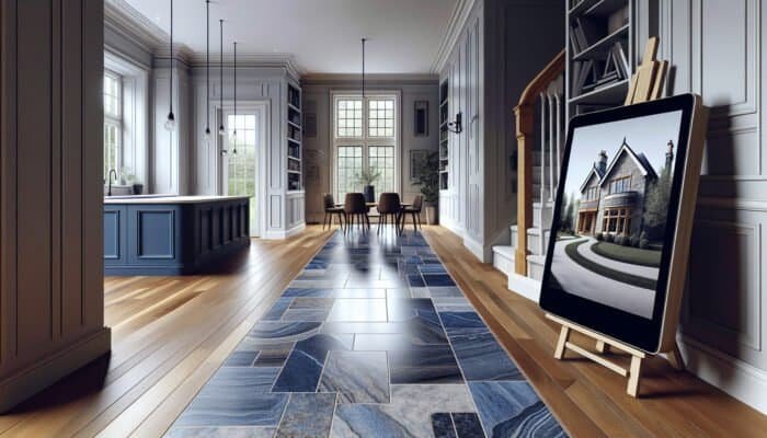 Stunning Belgian Blue Limestone flooring in a renovated East Renfrewshire family home, creating a seamless and inviting atmosphere.