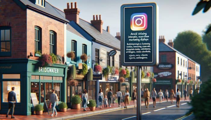 A lively street scene in Bridgwater featuring small businesses effectively using Instagram for marketing to attract diverse crowds.