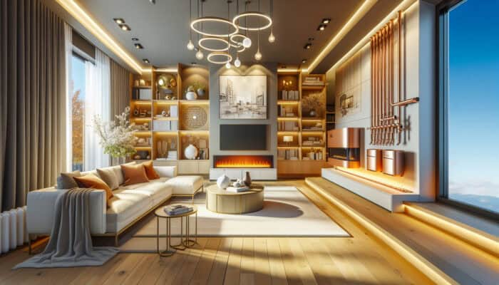 Heating Services in New Westminster: A cozy living room featuring an integrated modern furnace, boiler, heat pump, and radiant floor heating.