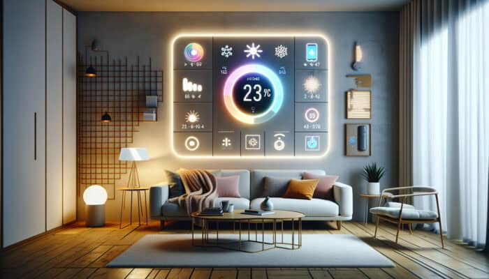 Smart thermostat mounted on wall in modern living room, controlled via smartphone, with sensors monitoring heating system performance.