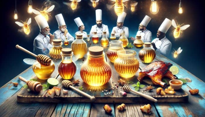 Jars of flavored honey on a rustic table with BBQ glazed ribs, chicken, vegetables, and expert chefs discussing.