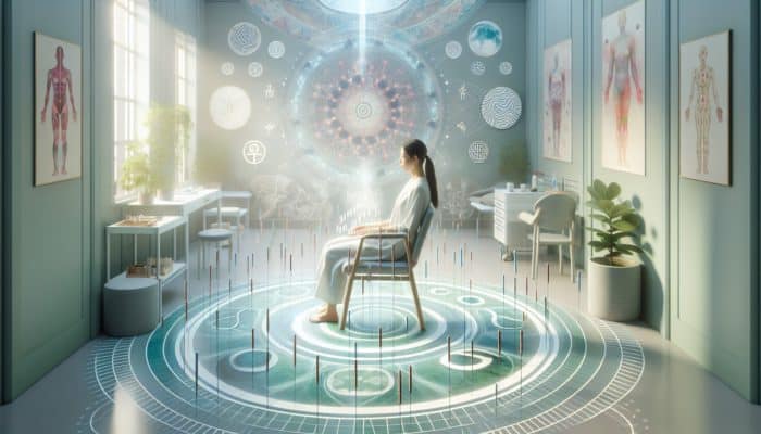 A woman receiving acupuncture in a tranquil UK fertility clinic, surrounded by calming colors and traditional Chinese symbols.