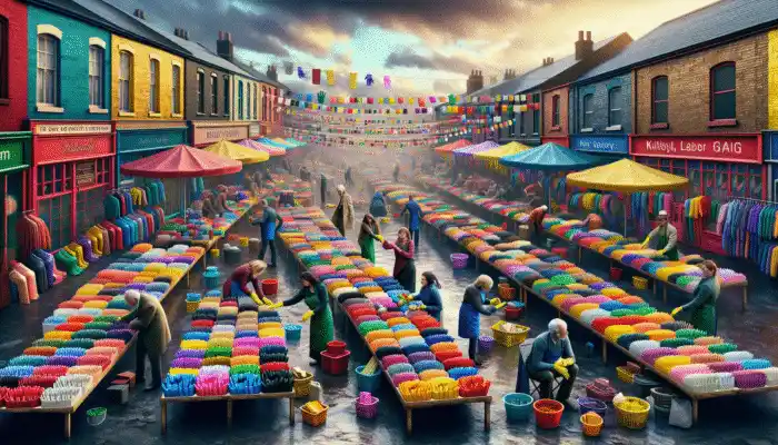 Colorful rubber gloves displayed at Kirkby market, shoppers comparing products with visible expert buying tips.