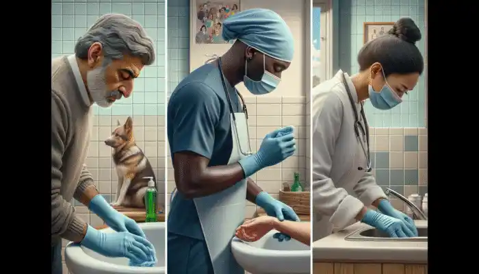 Person cleaning a bathroom, a healthcare worker, and a chef in Kirkby using rubber gloves for protection and hygiene.