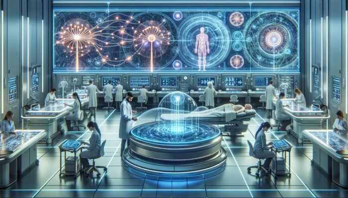 Advanced electroacupuncture devices showcased in a modern medical environment with experts and relaxed patients.