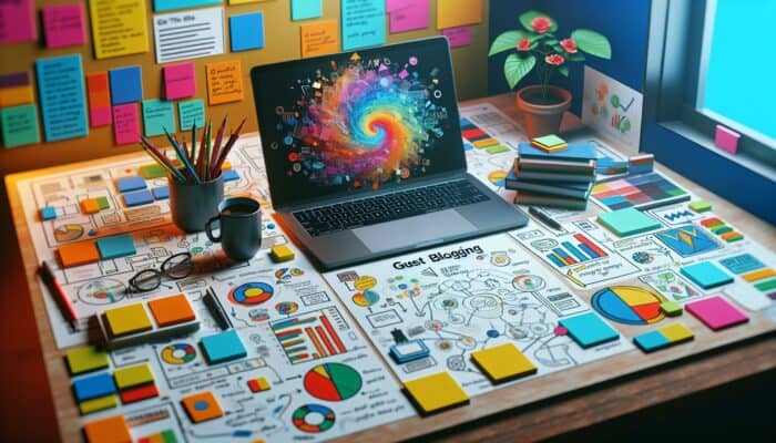 Master the Art of Guest Blogging to Amplify Your Online Influence: A laptop displaying a blog post, surrounded by colorful sticky notes and diagrams, with coffee and a plant.