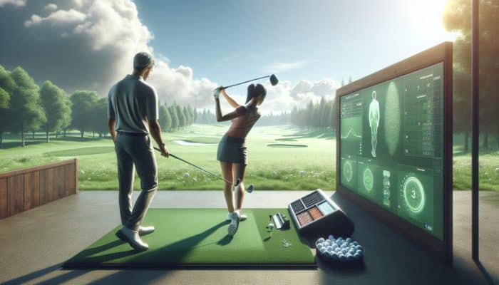 A golfer at Durbanville Golf Club refining swing mechanics at the driving range with a professional instructor on a sunny day.