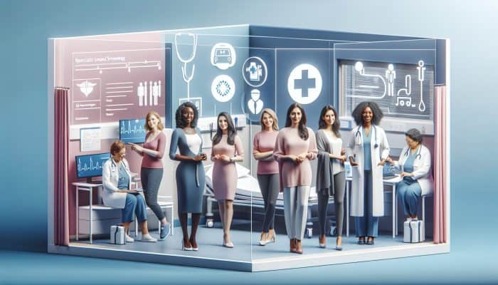 Diverse UK women accessing healthcare through NHS GPs and private clinics, showcasing various medical service symbols.