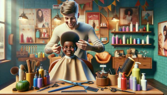An experienced hairstylist giving a pixie cut to a smiling child in a vibrant salon environment.