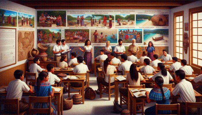 Belizean students learning about local history and traditions in a culturally rich classroom.