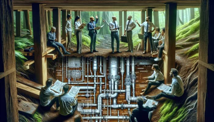 Illustration showcasing crawl space drainage solutions in Chilliwack's moist environment, with engineers discussing drainage strategies.