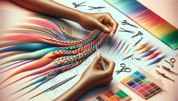 Crafting Micro Braids in Half-Up Styles: Close-up of hands creating intricate micro braids with colorful extensions on a pastel background.