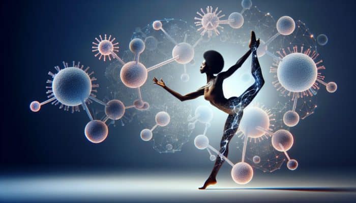 An individual performing a stretch, surrounded by vibrant collagen molecules, highlighting the connection between collagen and flexibility.