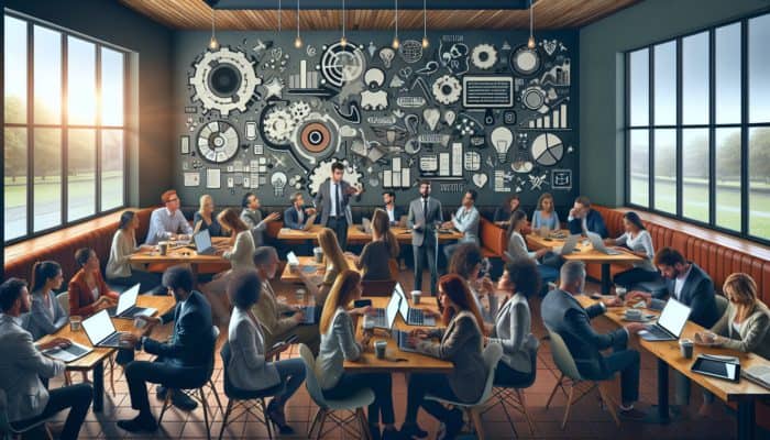 A strategic meeting focused on digital marketing in a Budleigh Salterton café with small business owners and a consultant.