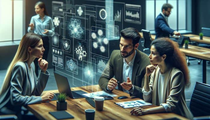 A dedicated small business team analyzing digital marketing data on screens, discussing strategies with an expert consultant.