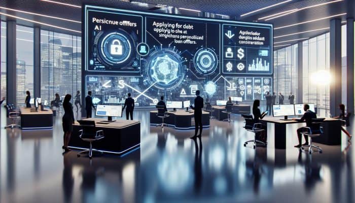 A futuristic UK office with AI screens showing personalized loan offers, Zopa logo visible.