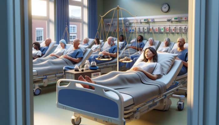 A serene UK hospital room with diverse post-surgery patients receiving acupuncture, surrounded by clinical evidence of its efficacy.