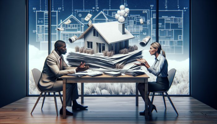 Person in Tembisa discussing home loan with lender, surrounded by documents, dream home blueprint in background.