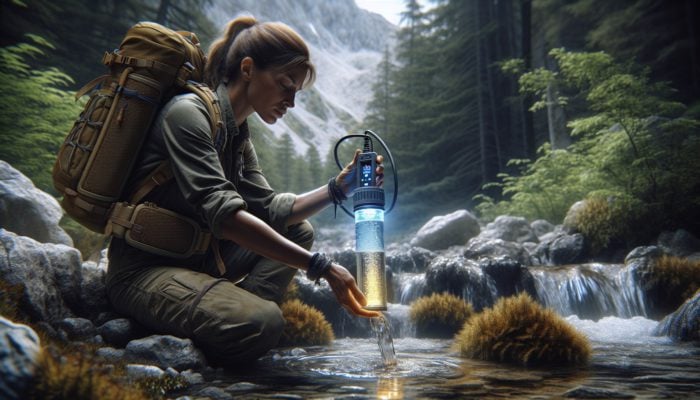 Person using survival water bottle with UV light and filter to purify water from a murky stream in wilderness.