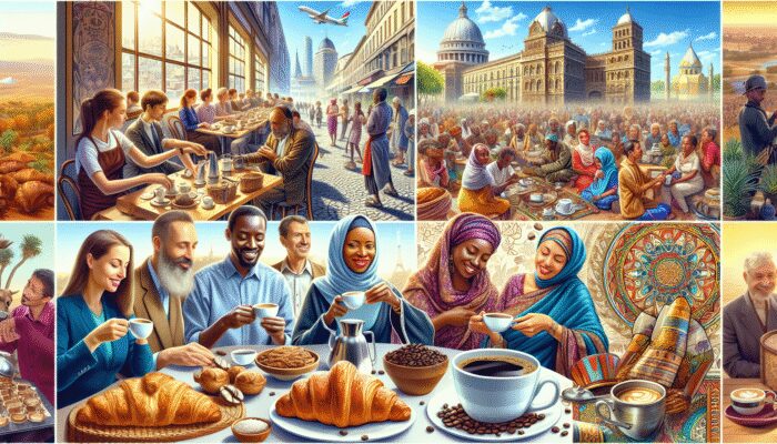A vibrant collage of global coffee culture: French café with croissants, Ethiopian coffee ceremony, diverse regional customs.