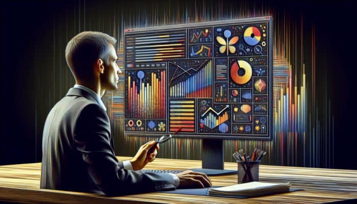 A person analyzing SEO performance on a computer, focused on Google Analytics and Search Console graphs.