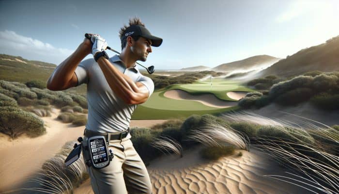 Golfer practicing low stinger shot on a South African course with undulating greens and sandy soil, using GPS technology.