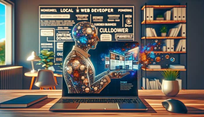 Local web developer and small business owner reviewing portfolio on laptop in cozy office.