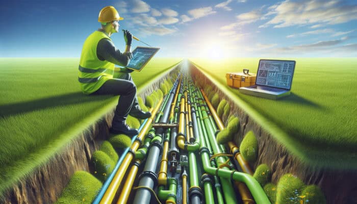 A drainage professional in a yellow vest using advanced tools on a vibrant lawn under a clear blue sky.