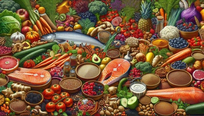 A UK kitchen counter adorned with salmon, vibrant vegetables, berries, quinoa, nuts, seeds, turmeric, and ginger.