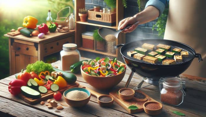 Marinated tofu grilling, nutritional yeast on salad, flaxseeds and chia seeds in jars on table.