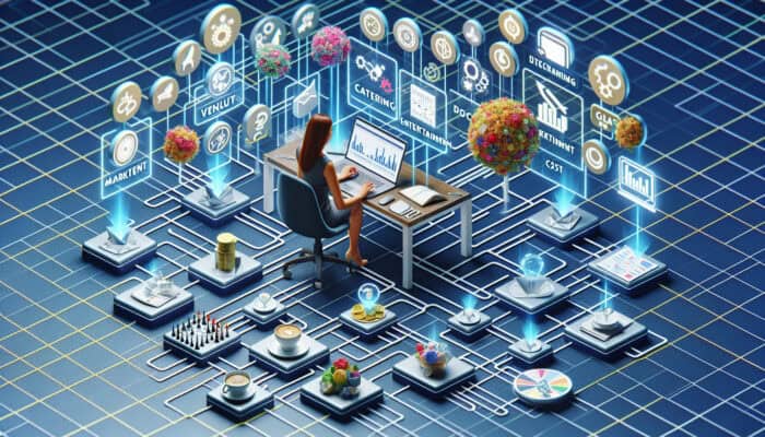 A virtual assistant meticulously planning an event budget using charts, graphs, and financial icons in a vibrant workspace.