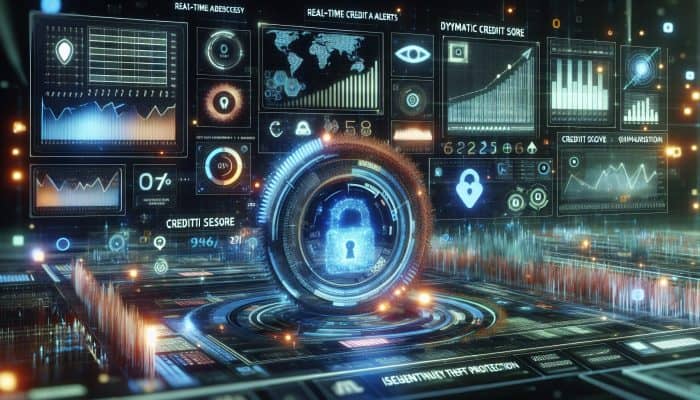 Tools to Monitor Your Credit During Consolidation: UK Focus | DCL Tools to Monitor Your Credit During Consolidation: A futuristic dashboard with real-time credit alerts, credit score graph, and identity theft protection tools.