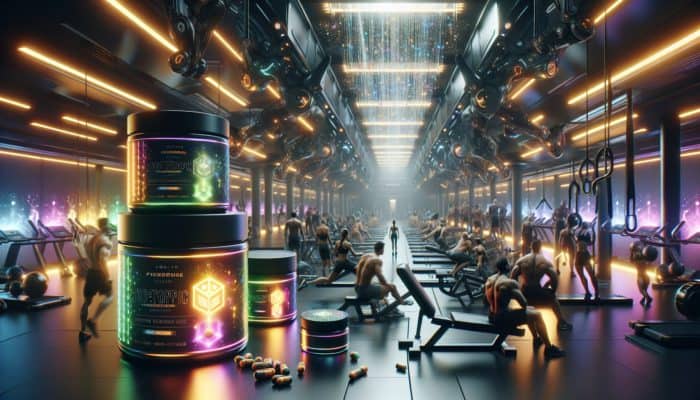 Top Nootropic Pre-Workouts: Athletes in a futuristic gym using nootropic pre-workouts, enhancing focus and energy with vibrant, high-tech equipment.