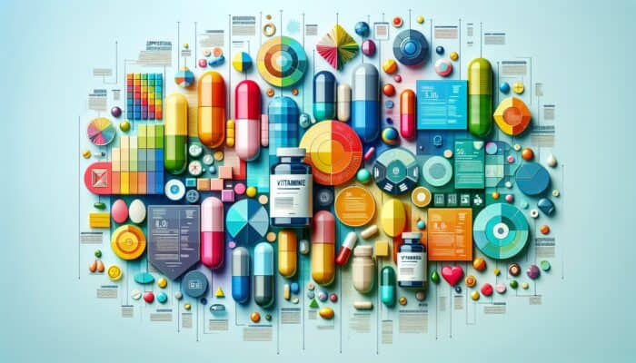 A vibrant infographic presenting tips on creating supplement-centric content, showcasing vitamins and capsules.