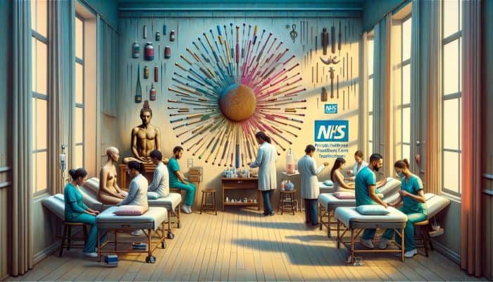 A tranquil acupuncture clinic showcasing NHS and private logos, with diverse patients receiving treatment using both traditional and modern equipment.