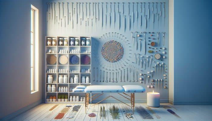 A peaceful treatment room showcasing acupuncture alongside herbal remedies, supplements, and massage, illustrating a holistic care approach in the UK.