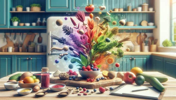 A kitchen scene with ashwagandha and ginseng in colorful meals and smoothies, promoting a healthy diet.