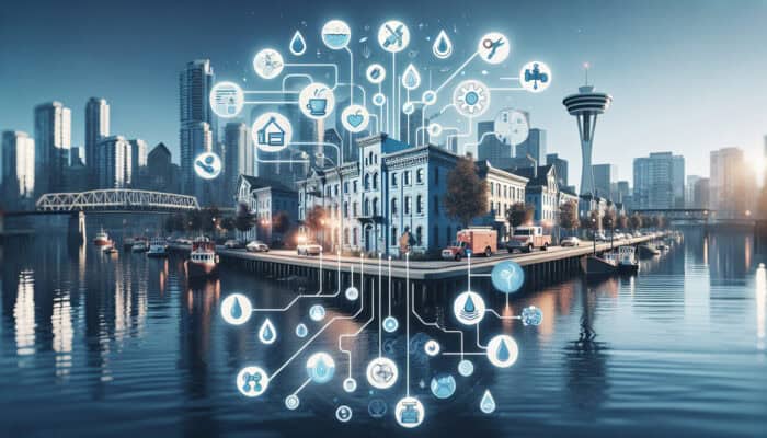 Infographic showcasing expert tips on water leak detection in Gastown, Vancouver, featuring modern technology and historic architecture.