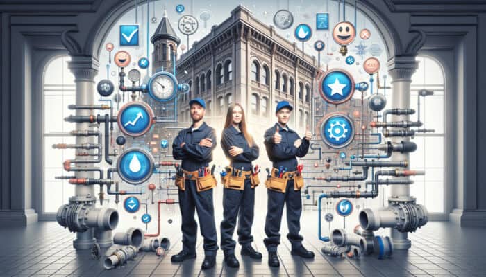 A professional team examining a historic building's plumbing in Gastown, equipped with advanced technology and certification logos.