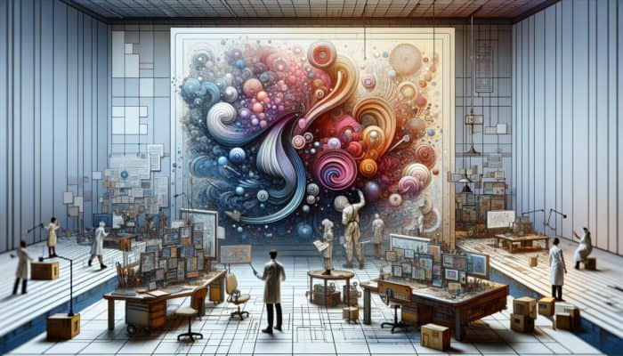 An artist in a vibrant studio refining layering techniques with digital screens and kinetic art, blending traditional and modern methods.