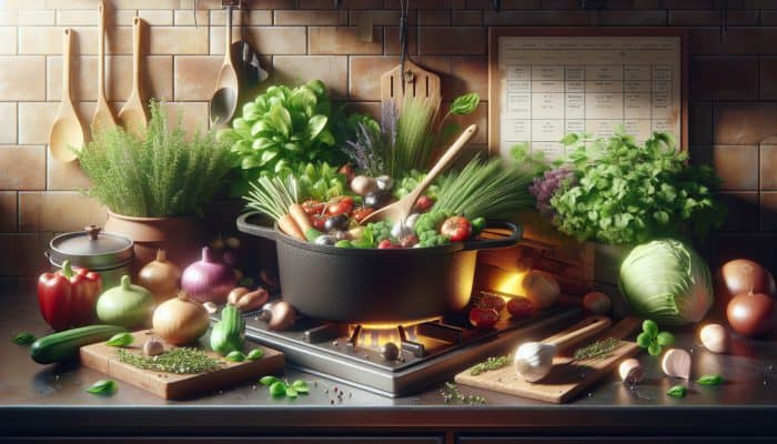 A cast iron Dutch oven simmering on a stove in a rustic kitchen, surrounded by fresh herbs and vibrant vegetables.