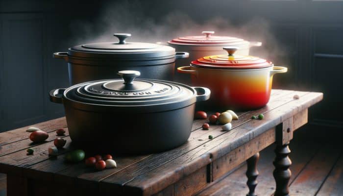 Three distinct Dutch ovens on a rustic table: matte black cast iron, colorful enameled cast iron, and sleek stainless steel, each simmering delicious dishes.
