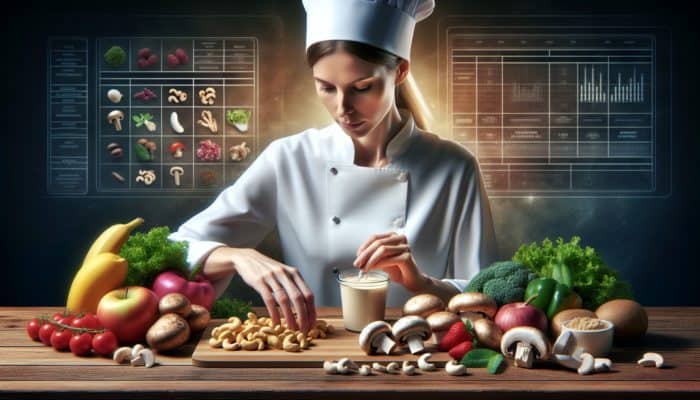 A dedicated vegan chef carefully selects premium cashews and mushrooms for foie gras, emphasizing umami flavor and nutritional value, while supporting local produce.