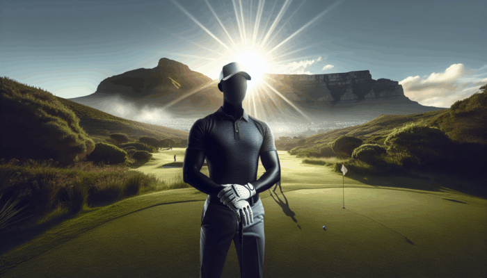 Golfer wearing sweat-managing golf gloves on a lush course with Table Mountain in the background.