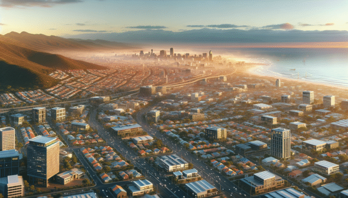 Aerial view of Cape Town at sunset showing diverse neighborhoods, amenities, and economic development.