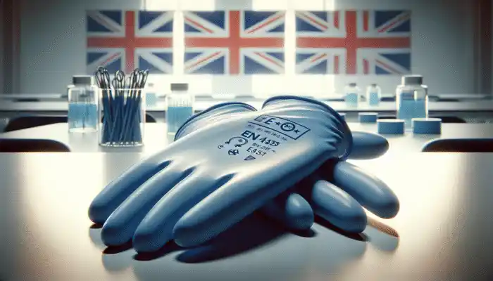 Blue nitrile gloves placed on a sterile lab table, with EN455 and EN374 certifications, the Union Jack, and EU symbols displayed in the background.