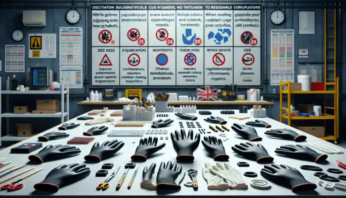 Nitrile gloves displayed on a UK industrial workbench: thick gloves for heavy-duty protection, thin gloves for precision tasks, featuring size labels and compliance stickers.
