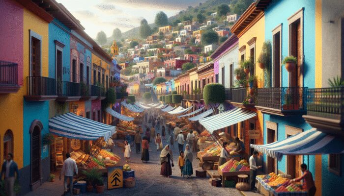 A vibrant street scene in San Miguel de Allende with expatriates, local food markets, and a real estate sign showing increased property values.