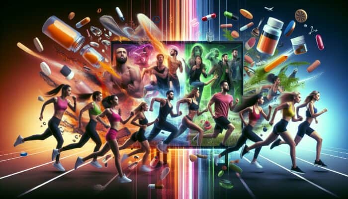 Dynamic storytelling across platforms: left shows a lively TikTok video of individuals presenting quick supplement transformations; right illustrates a detailed TV scene showcasing character growth through product use.